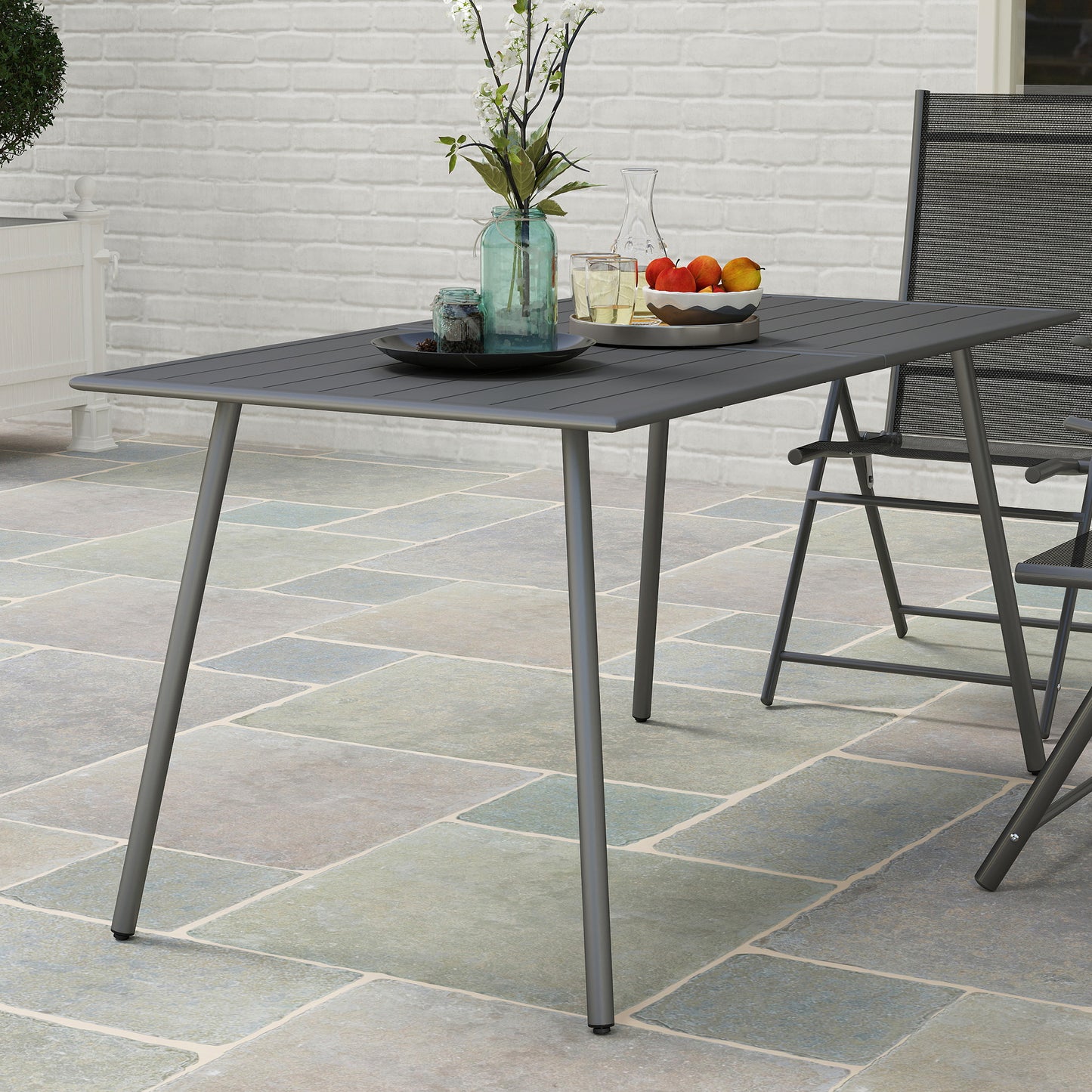 Outsunny Rectangle Garden Table with Slat Top, Steel Frame, Outdoor Table for 6 Person, 150 x 80 x 74 cm, Grey