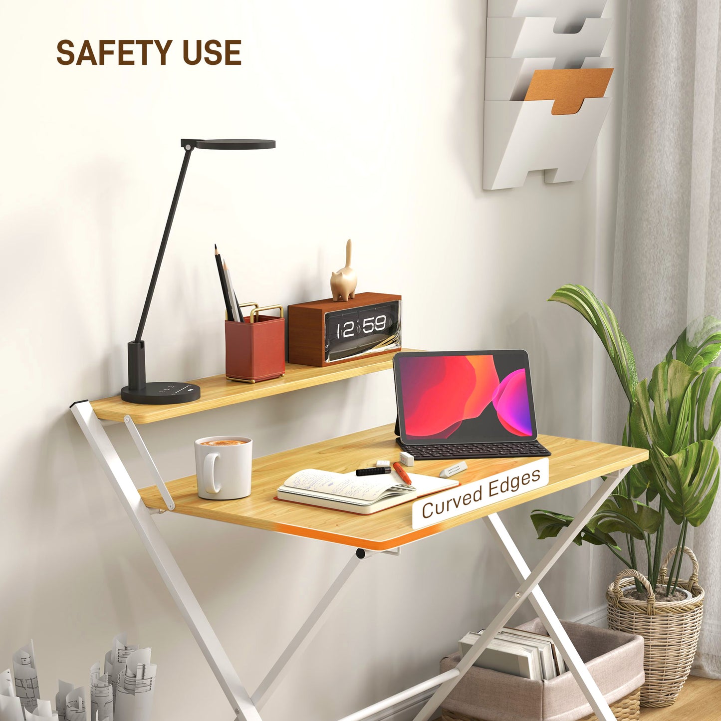 Compact Folding Desk for Small Spaces, Foldable Computer Desk W/ Storage Shelf for Home Office, 2-Tier Study Writing Table, 86 x 66 x 82 cm,