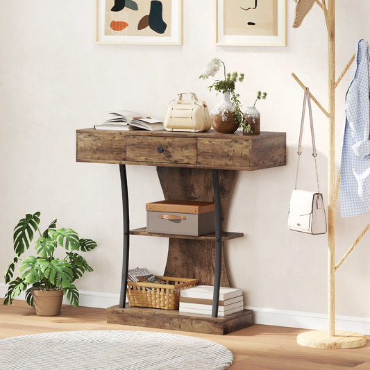Industrial Console Table & Hallway Table | Drawer | 2 Open Shelves | Anti-Tip | 91x32x87cm | 45kg | Rustic Brown
