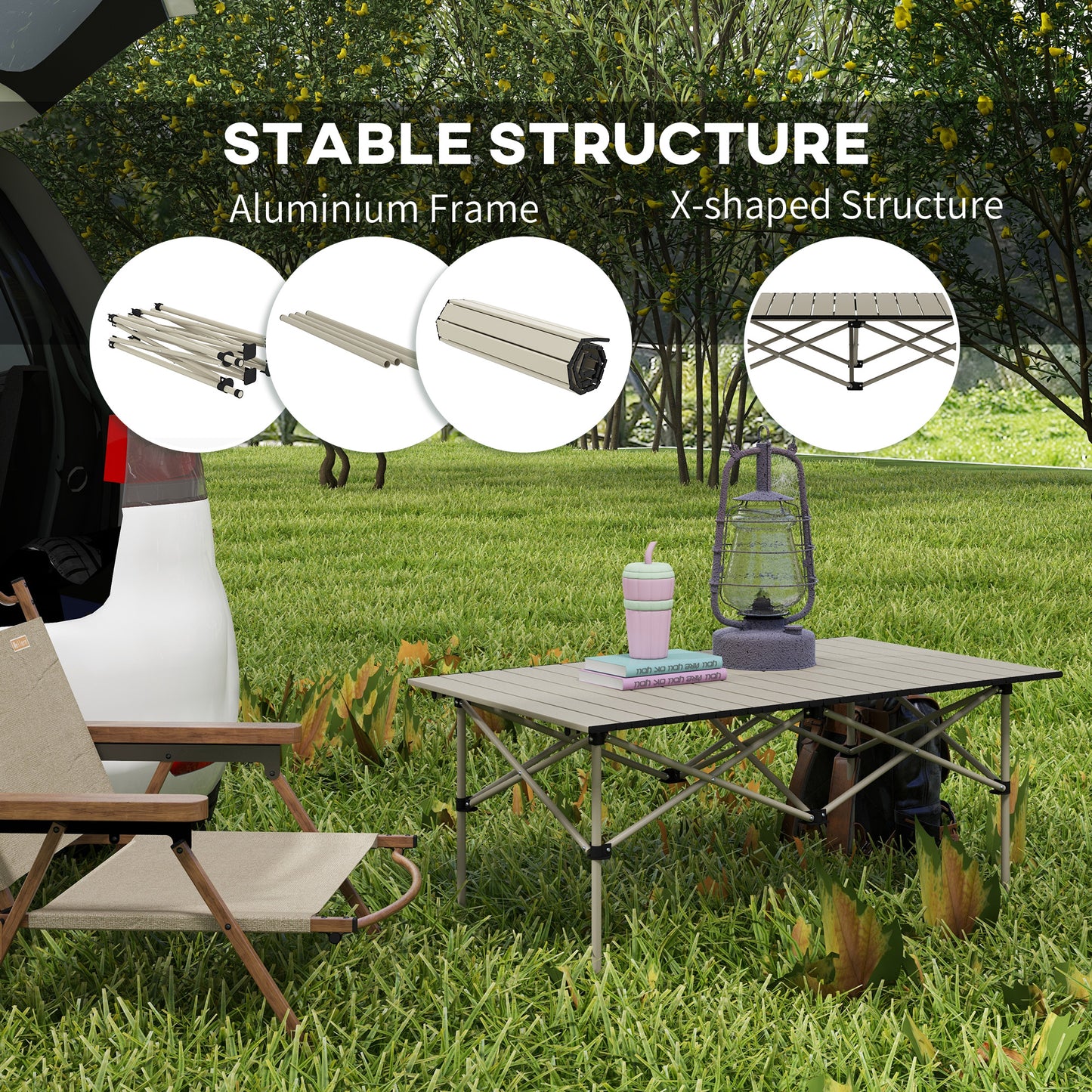 Outsunny Portable Aluminium Picnic Camping Table, Lightweight Folding, Carry Bag For Outdoor Camping, Picnic, Hiking, Cooking, BBQ, Fishing, Khaki
