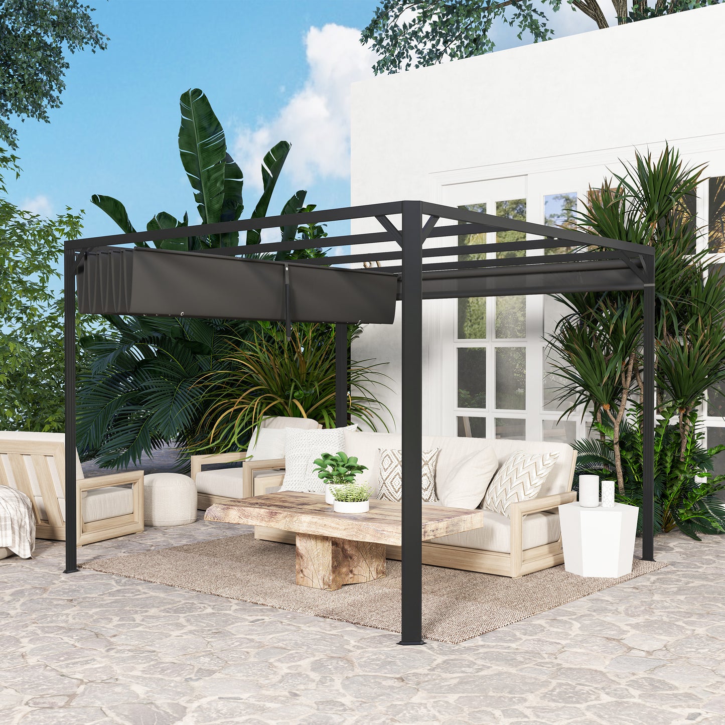 3 x 3(m) Garden Pergola with Retractable Roof Canopy and Roller Shade, Aluminium Pergola Kit Gazebo, UPF30+ Sun Shade Shelter for Deck, Porch