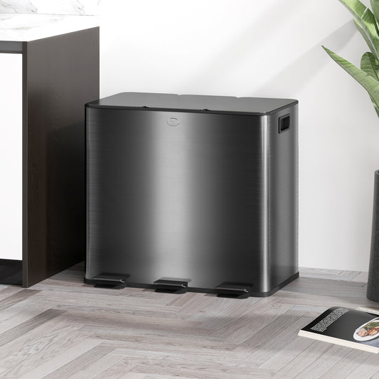 3 x 15L Pedal Bin, Steel Triple Kitchen Bin with Soft Close Lid, Removable Inner Buckets, Fingerprint-Proof, Black