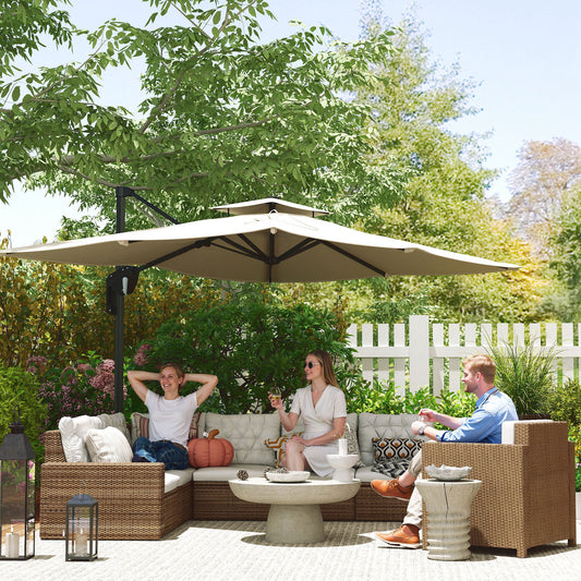 3.7 x 2.7 m Cantilever Parasol w/ 360° Rotation and Easy Tilt Adjustment, Aluminium Hanging Offset Outdoor Umbrella w/ Double Top and Cross Base, UPF50+ Hanging Sun Shade