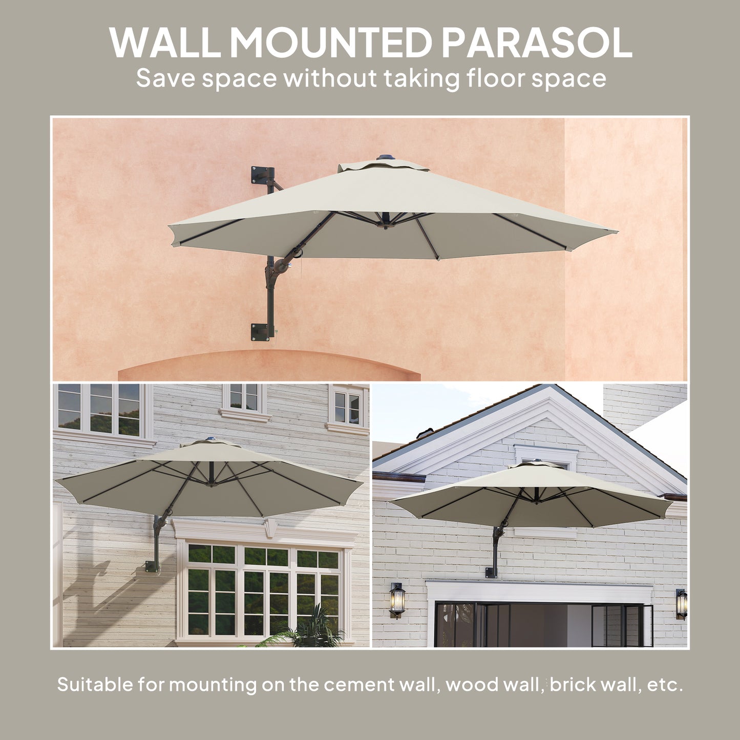 Outsunny 3(m) Wall-Mounted Parasol Shade, with Handle - Light Grey / Khaki / Orange
