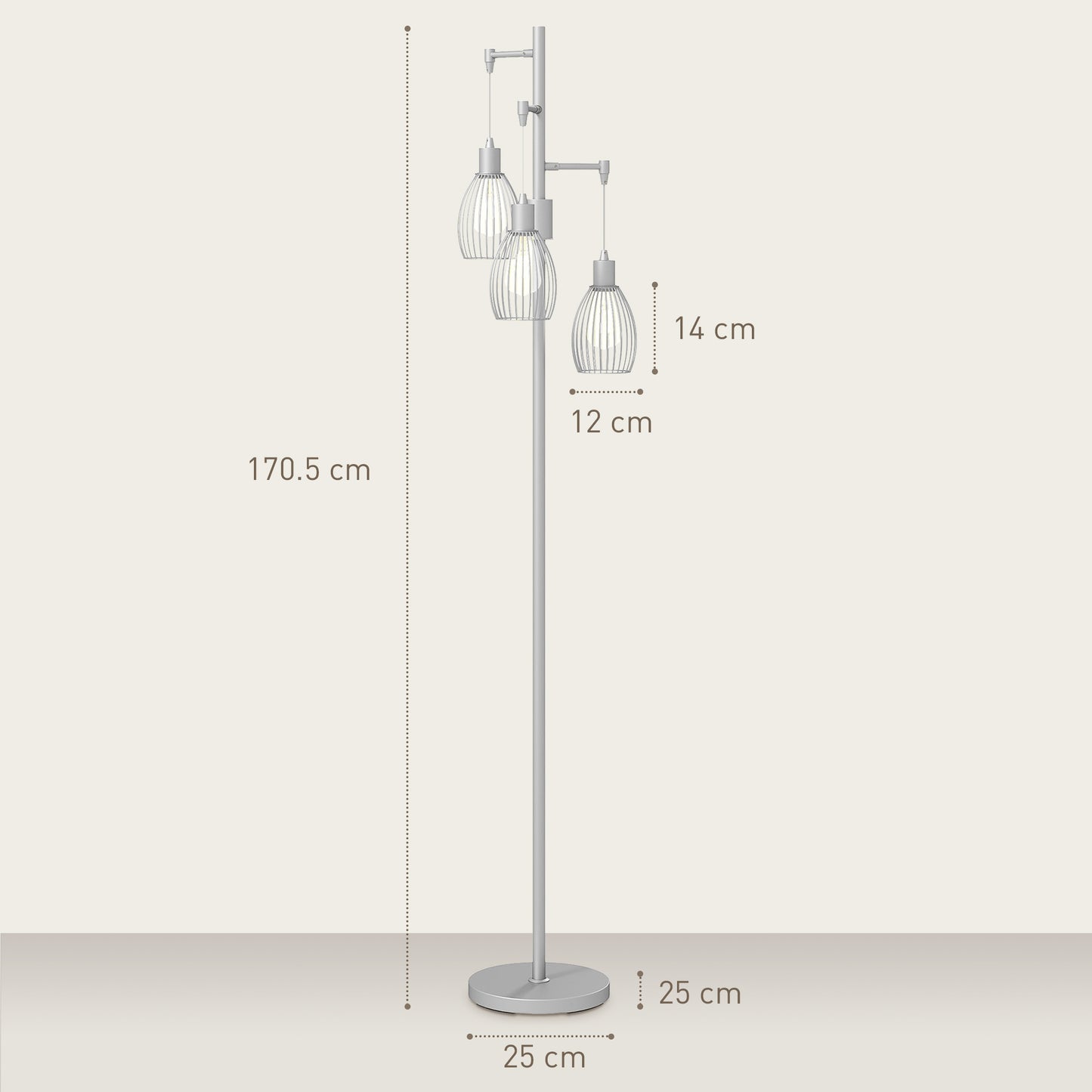 170cm Industrial 3-Light Floor Lamp, Dimmable Standing Lamp with Steel Lampshades for Living Room, Bedroom, Dinging Room, Study, Silver Tone