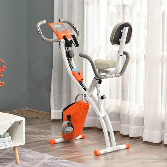 2-in-1 Upright Exercise Bike Stationary Foldable Magnetic Recumbent Cycling with Arm Resistance Bands Orange