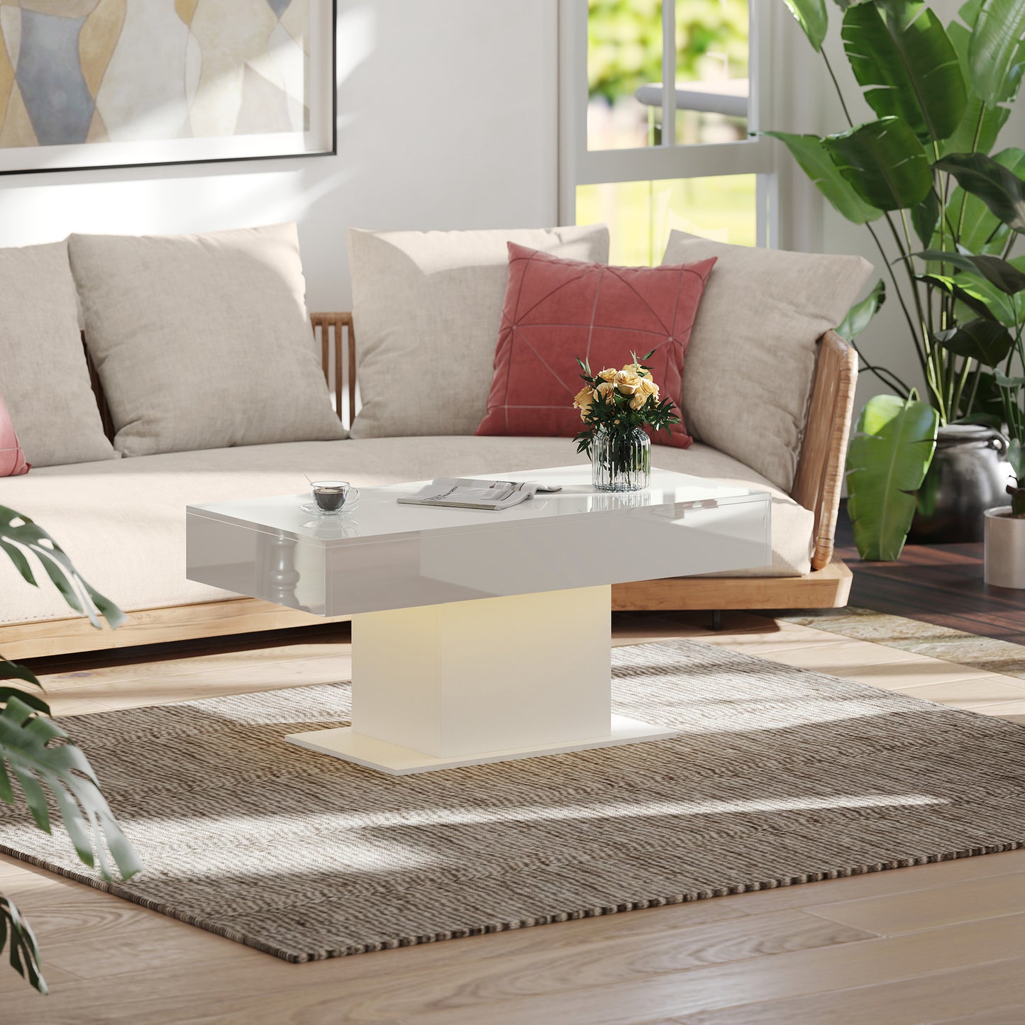 Extendable Coffee Table with LED Lights and Storage - High Gloss White