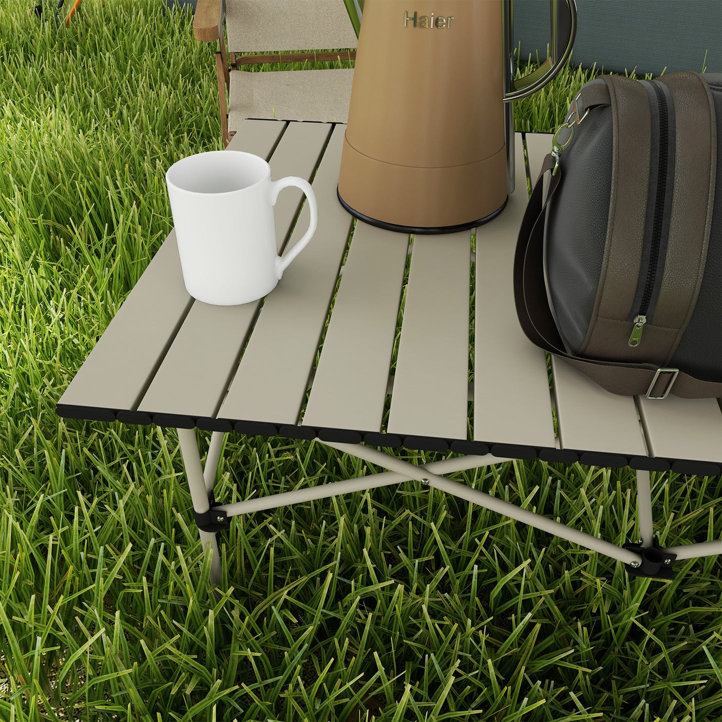 Outsunny Portable Aluminium Picnic Camping Table, Lightweight Folding, Carry Bag For Outdoor Camping, Picnic, Hiking, Cooking, BBQ, Fishing, Khaki