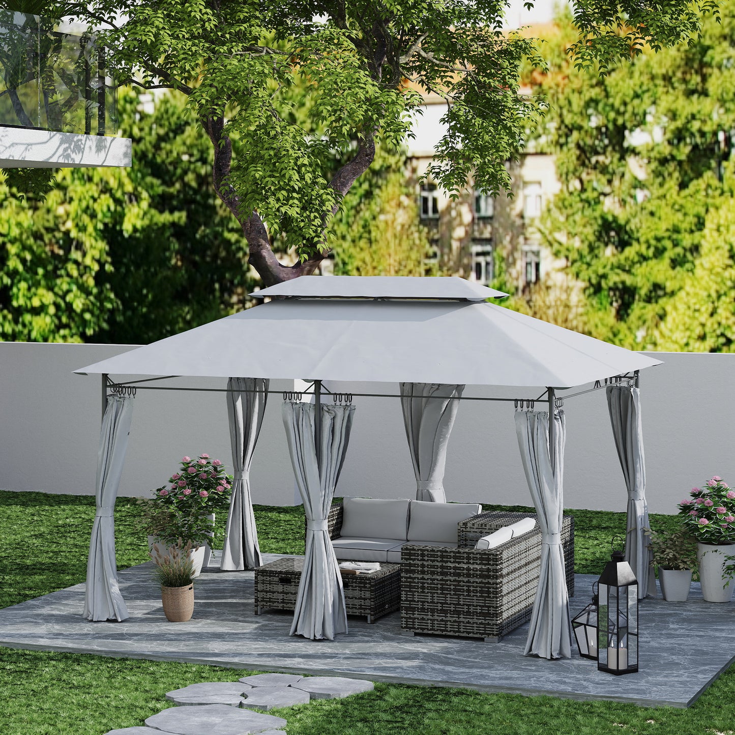 Outsunny 3 x 4m Garden Gazebo with Sides, Double Roof Metal Gazebo, Outdoor Gazebo Canopy Shelter for Patio, Deck, Dark Grey
