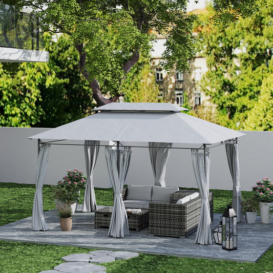 Outsunny 3 x 4m Garden Gazebo with Sides, Double Roof Metal Gazebo, Outdoor Gazebo Canopy Shelter for Patio, Deck, Dark Grey