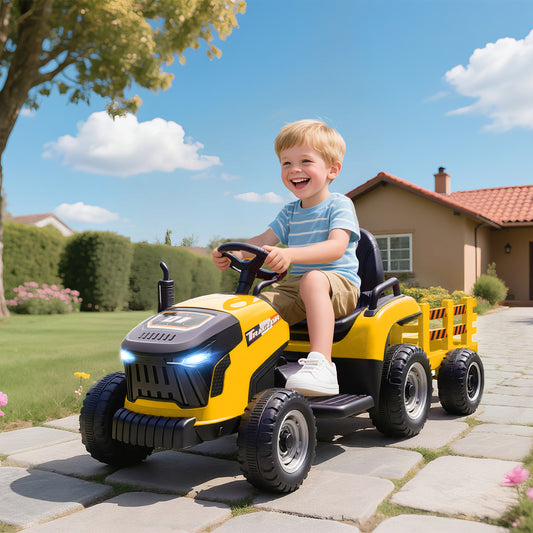 AIYAPLAY 12V Ride on Tractor and Trailer with Remote Control, Music, Shifter, Start-Up Sound, for Kids Ages 3-8 Years