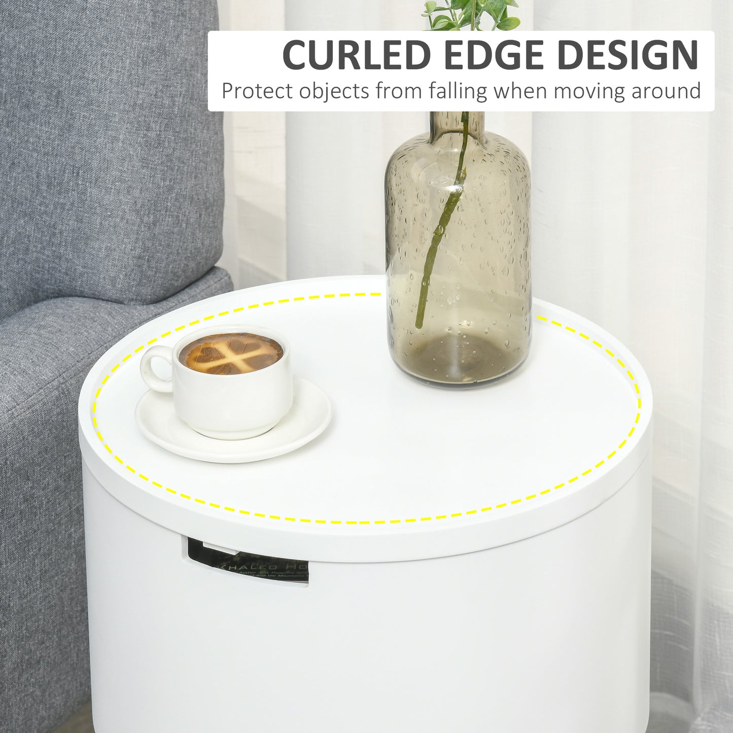 Modern Side Table With Hidden Storage Space, Round Night Stand / Removable Tray Wood Frame End Coffee Table, Set of 2 - White