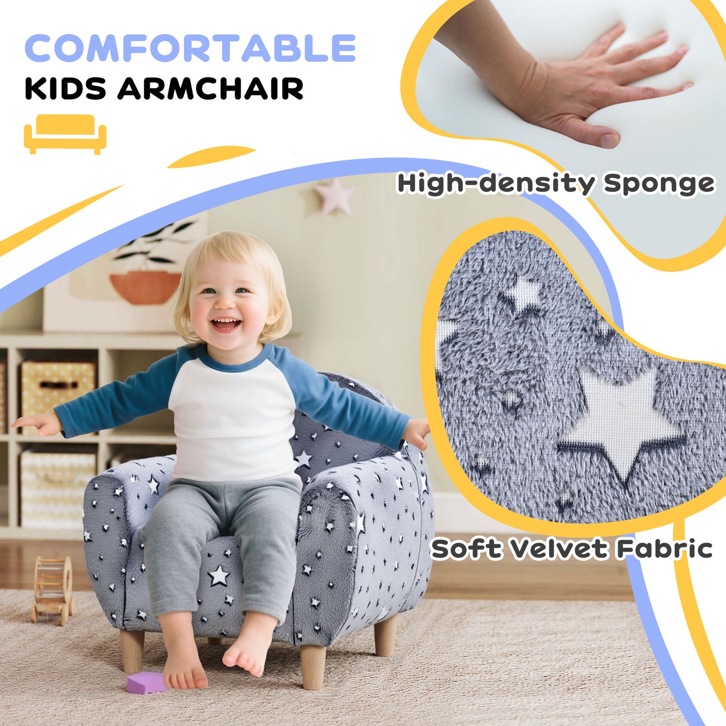 AIYAPLAY Kids Armchair, Glow in the Dark Chair with Star Design for Bedroom, Playroom, Kids Room, Grey / Pink