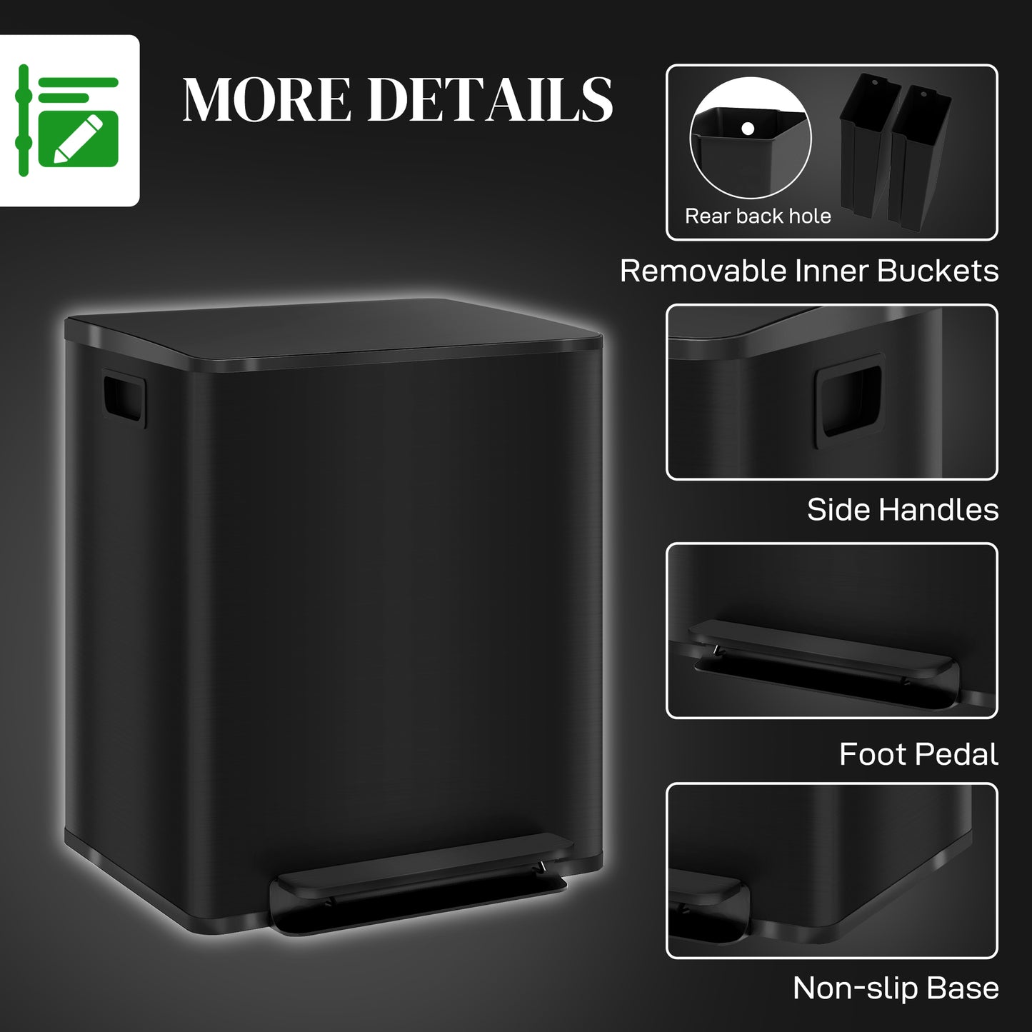 50L Dual Compartment Stainless Steel Bin, with Deodoriser Holders - Black
