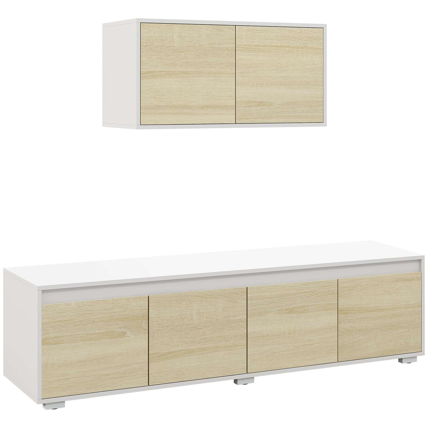 2 Pieces TV Unit Set with Wall Cabinet, Freestanding Unit for 70-inch TVs, Wall Mounted Storage Cupboard, with Adjustable shelves