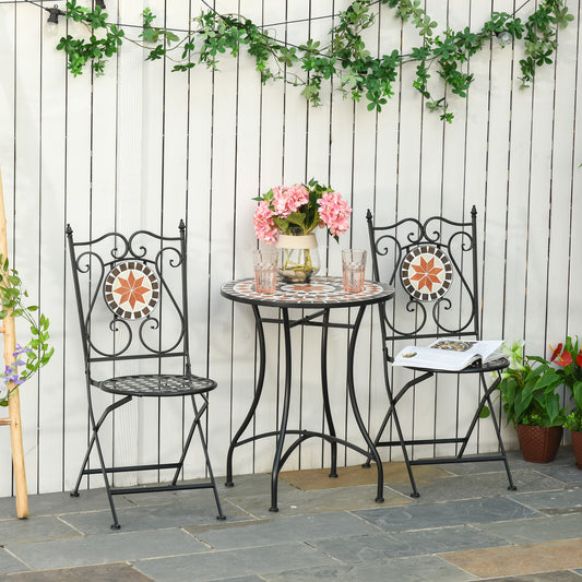 3 Piece Garden Bistro Set | Ceramic Tile Round Table Dia 60cm | 2 Folding Chairs | Mosaic Pattern | Metal Frame | 100kg | Indoor & Outdoor | Black