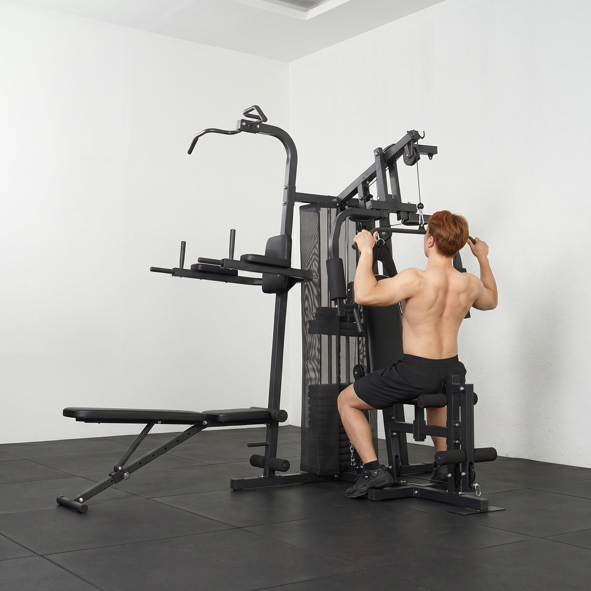 All-in-One Home Gym Machine | Power Cage with 69 kg Weight Stack, Lat Pulldown, Chest Press, Leg Press & Pull-Up Station | 120 kg Capacity | Black