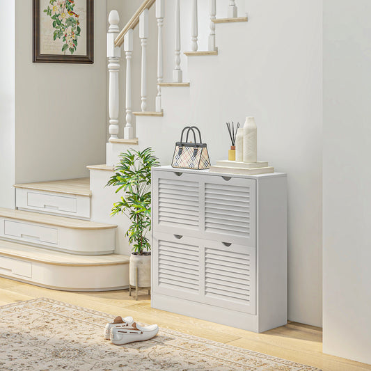 2 Drawers Entryway Shoe Cabinet, Narrow Storage Cabinet W/ 2 Flip Drawers, Louvred Door Design & Adjustable Shelves for 16 Pairs - White