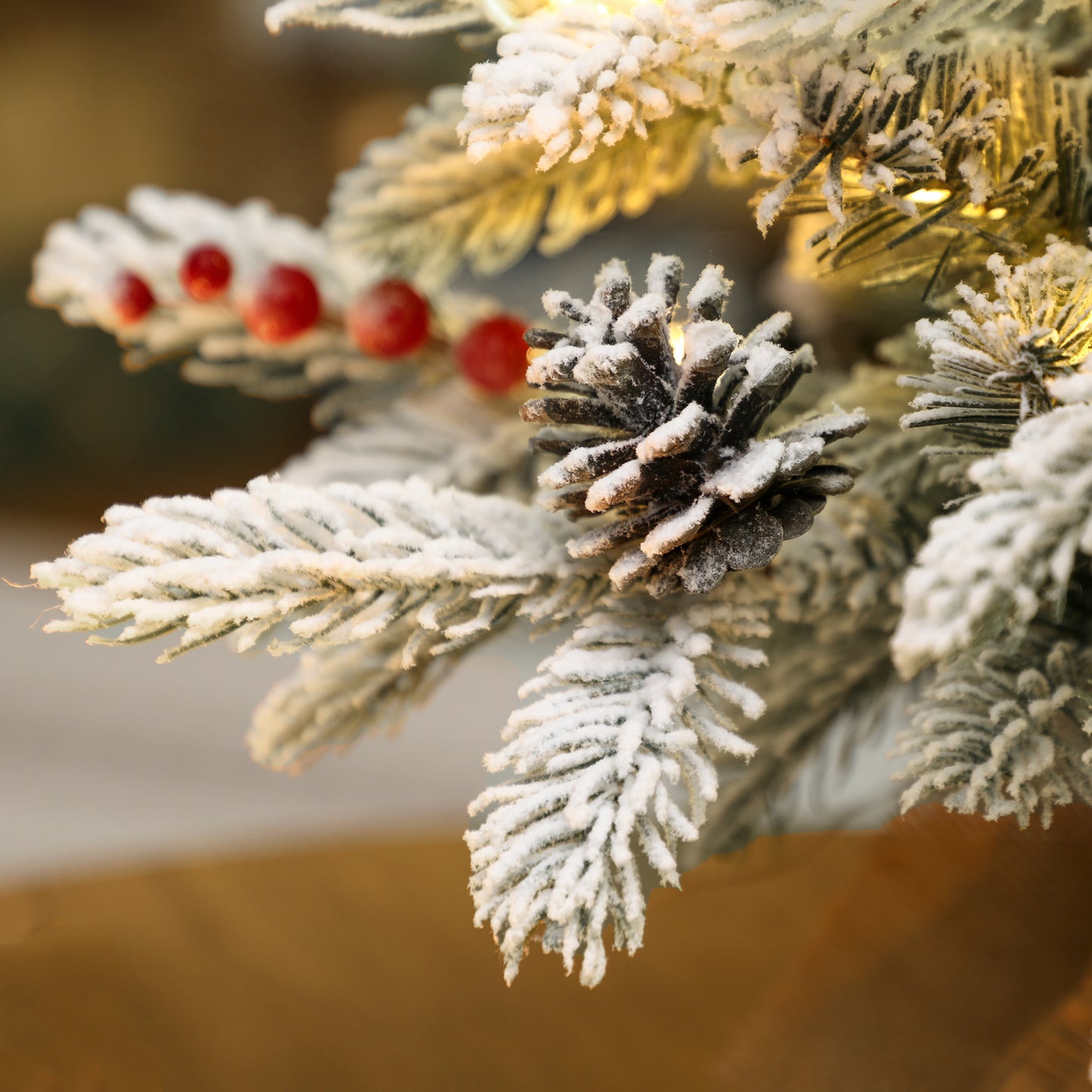 60 cm Prelit Small Christmas Tree with 35 LED Lights, Snow Flocked Tabletop Mini Xmas Tree with Pine Cones, Berry Clusters and Linen Cover Base, Battery Operated, Green