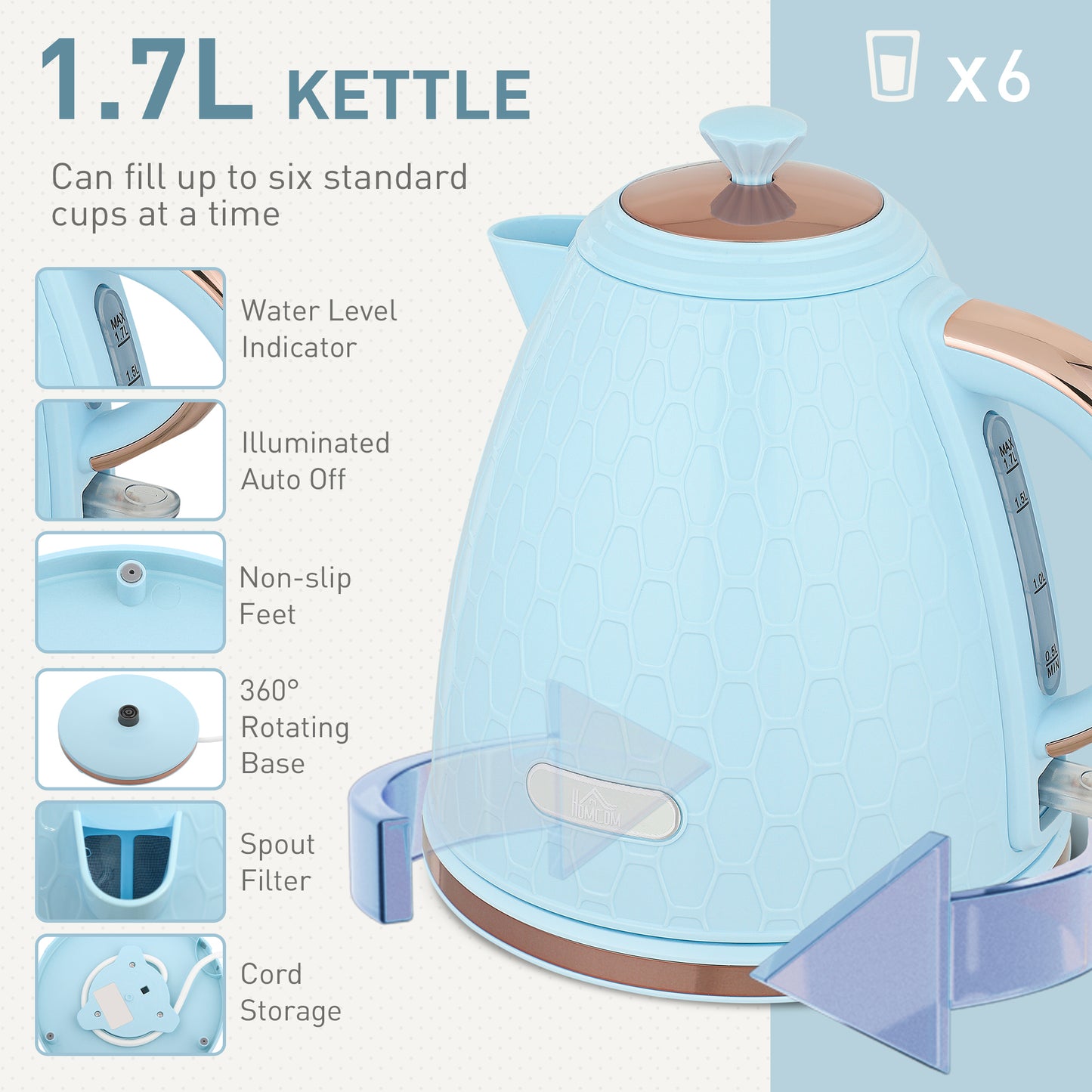 1.7L 3000W Fast Boil Kettle & 2 Slice Toaster Set, Kettle and Toaster Set with Auto Shut Off, Browning Controls
