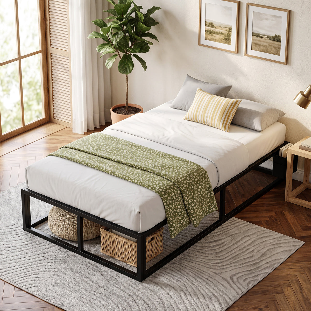3ft Single Bed Frame | 12 Slats | Metal Platform | Storage Bag | Anti-Slip Pads | 227kg Capacity | Black