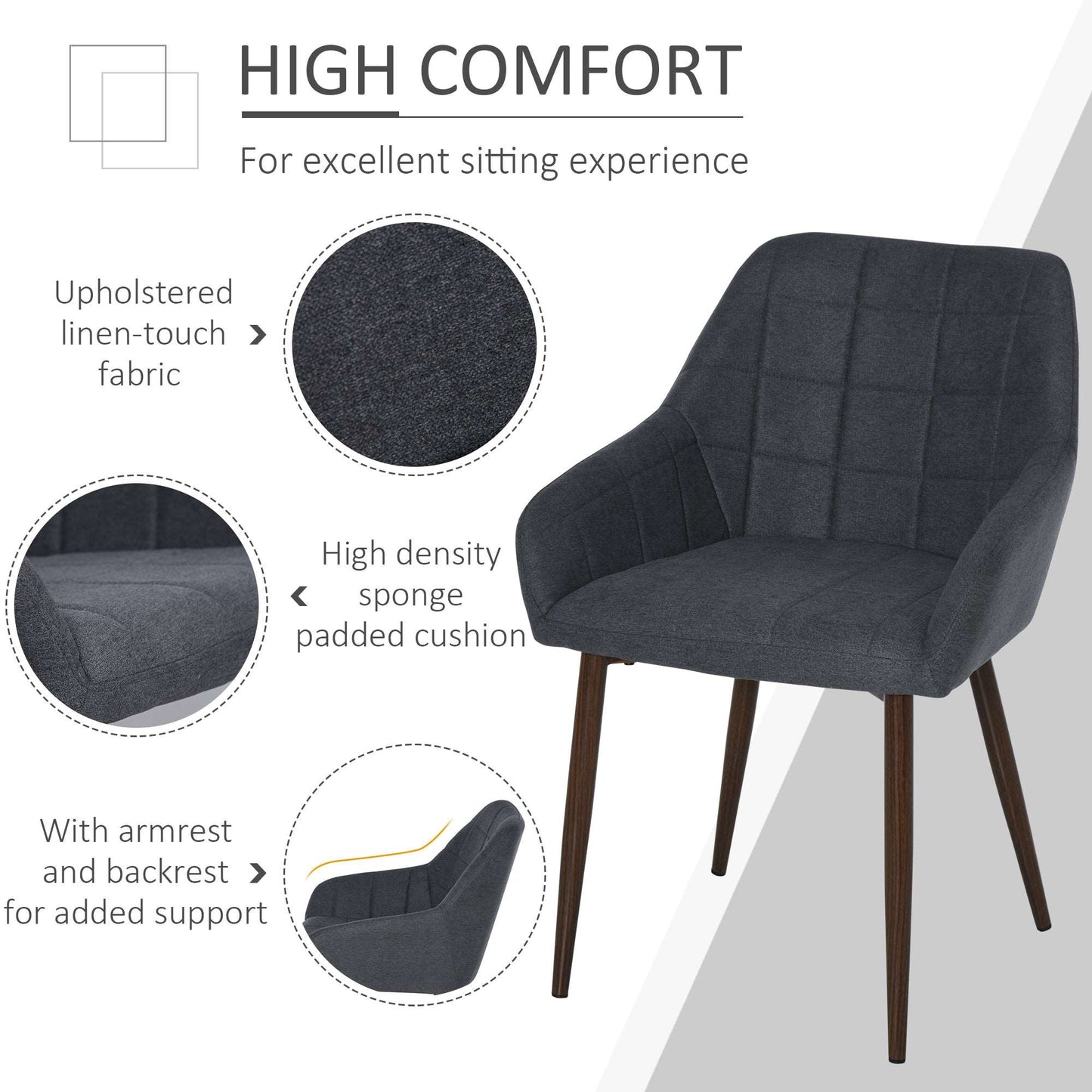 2 Pcs Linen-Touch Fabric Dining Chair w/ Cushion, Backrest, Mid Back Leisure Chair w/ Steel Leg, Sponge Padded Armchair for Dining Room
