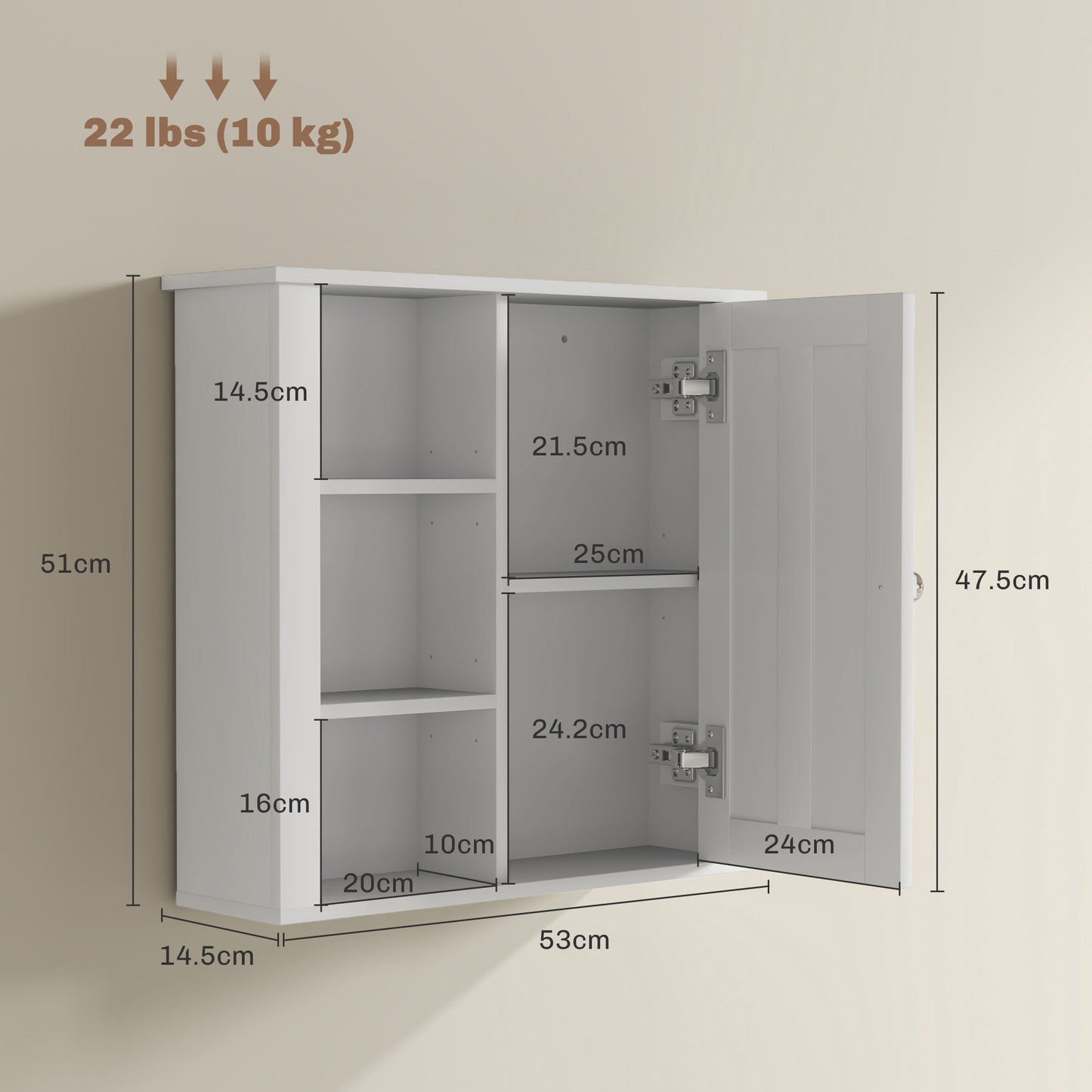 Cabinet, Modern Bathroom Wall Cabinet with Adjustable Shelves and Cupboard, 53W x 15D x 51H cm, White