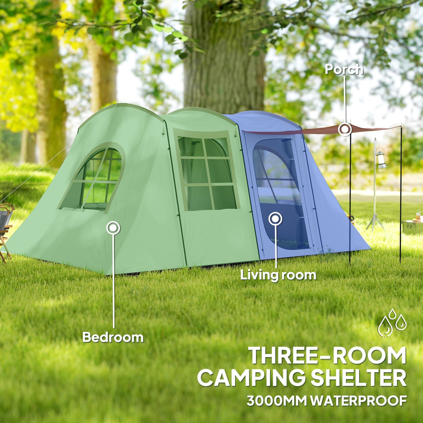 3-4 Man Tunnel Tent, Family Camping Tent with Porch, Bedroom and Living Area, Sewn in Groundsheet, 3000mm Waterproof, Portable with Bag - Khaki