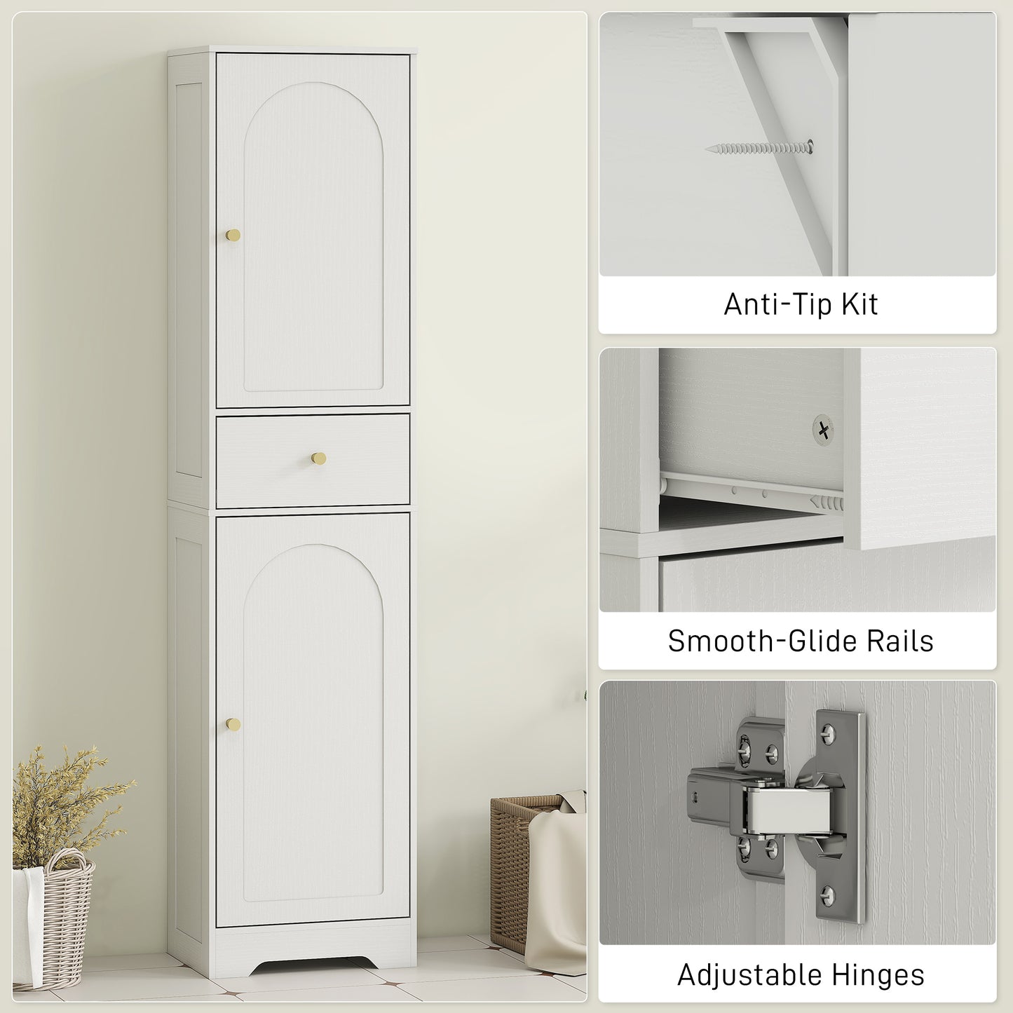 Tall Bathroom Cabinet with Arched Doors - White