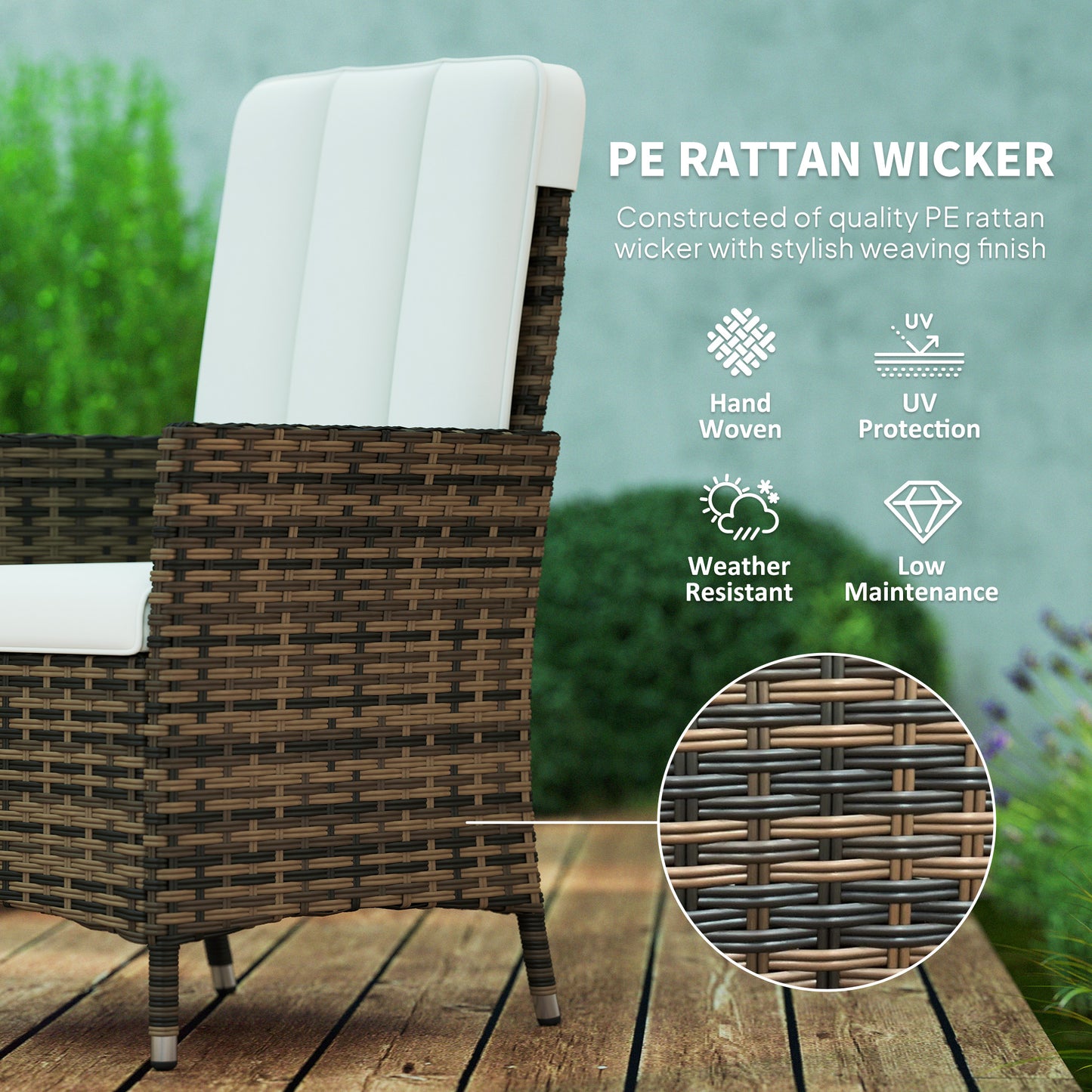 Rattan Garden Recliner Chair, Wicker Reclining Armchair with Adjustable Backrest and Cushion, Outdoor Lounge Sun Lounger, Cream White