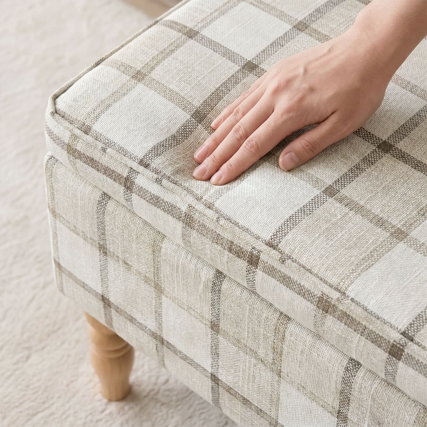 Storage Ottoman Footstool | Flip-Lid Tray Table | 24L Hidden Storage | Plaid Linen-Look Fabric | Rubberwood Legs | 120kg Capacity | 50 x 38 x 39cm | Brown