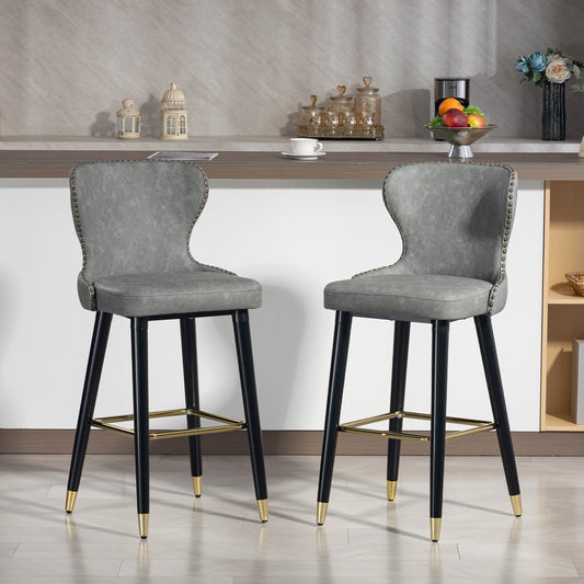 Bar Stools Set of 2, PU Leather Barstools with Back, Footrest and Wood Legs for Kitchen, Counter, Breakfast Bar, Grey