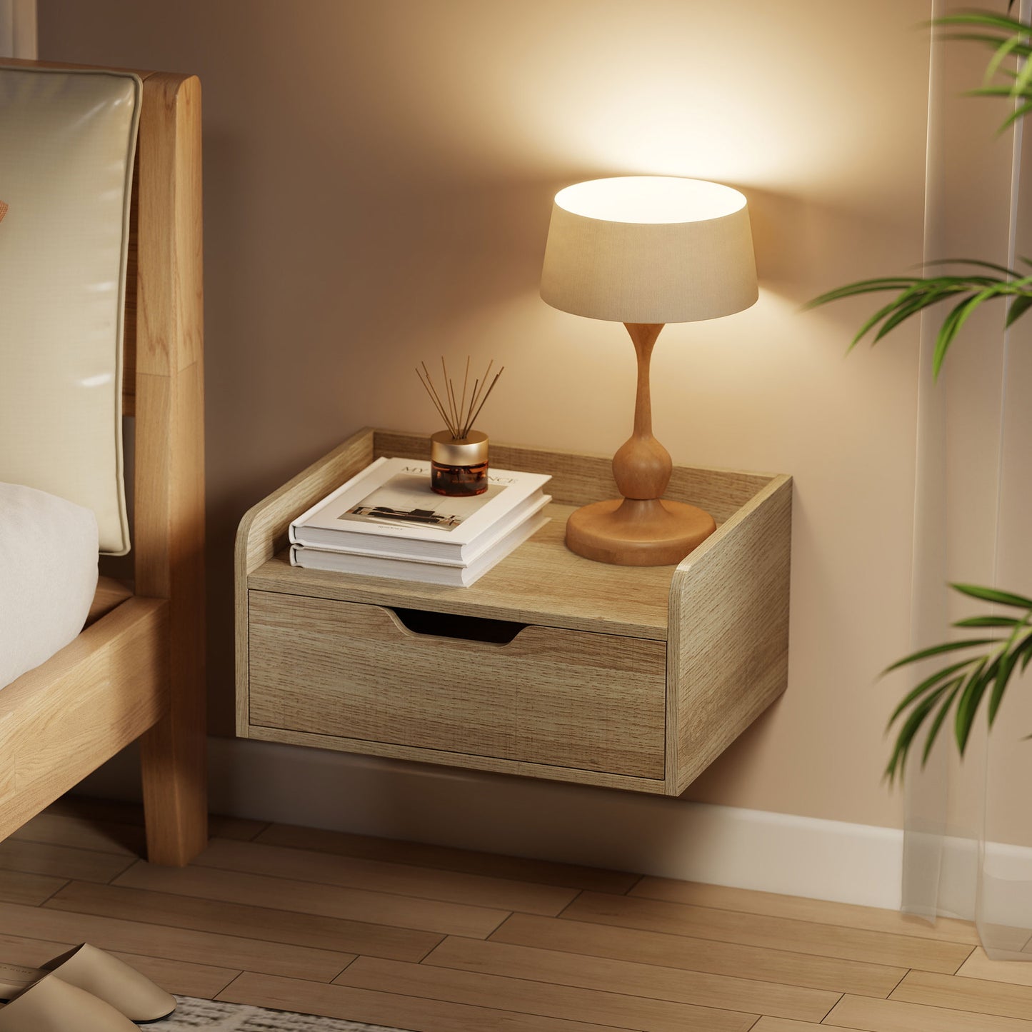 Set of 2 Floating Wall-Mounted Bedside Tables | Drawer | Flat Top | 10kg | 40x30x19.5cm | Natural Wood Finish