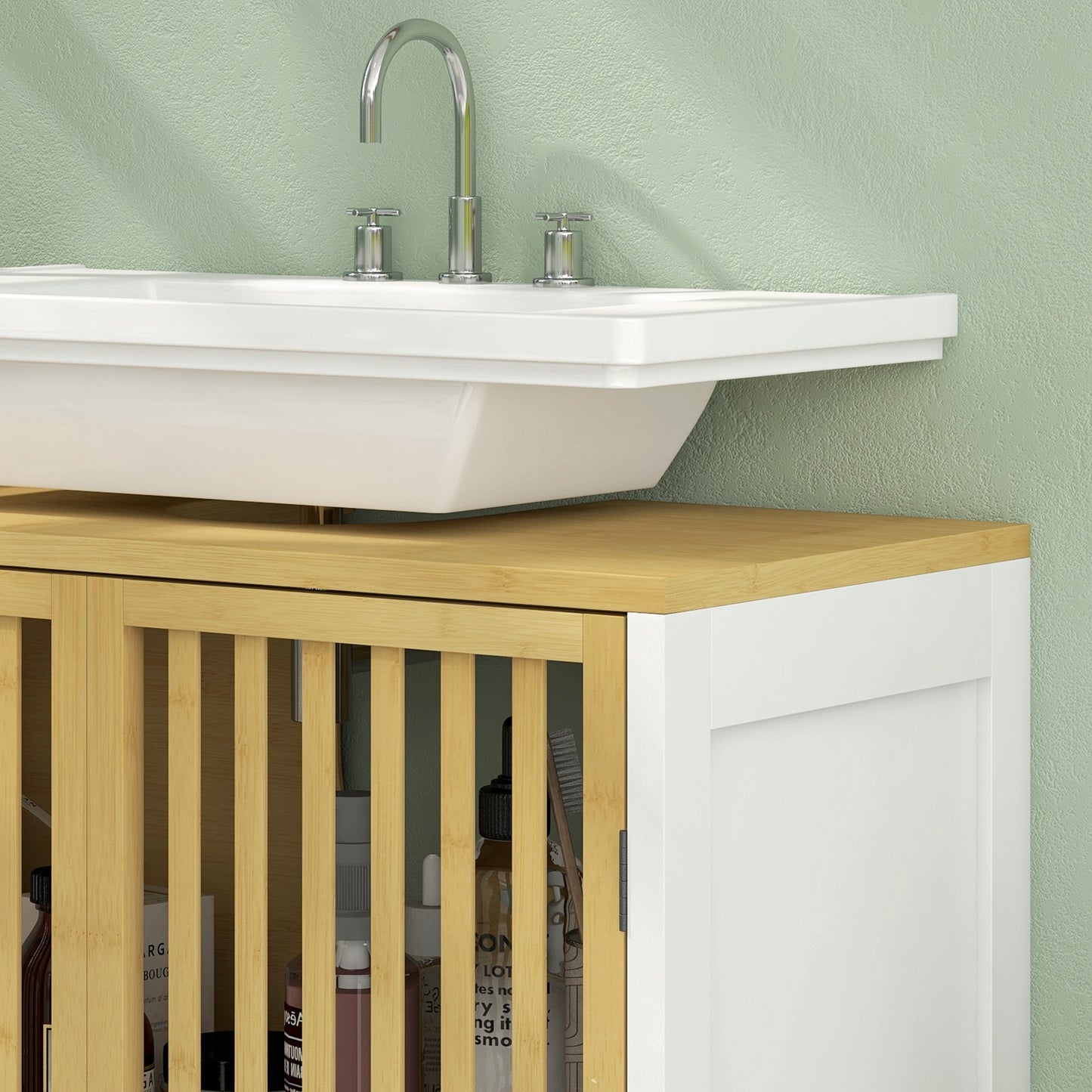 Bamboo-Blend Retro Vintage Style Cut-Out Under Sink Cabinet