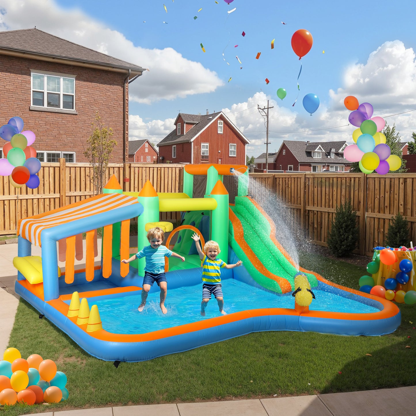 8 in 1 Inflatable Bounce House Bouncy Castle with 680W Blower, Slide, 2 Pools, Basketball Hoop, Climbing Wall, Water Gun, Ring Toss