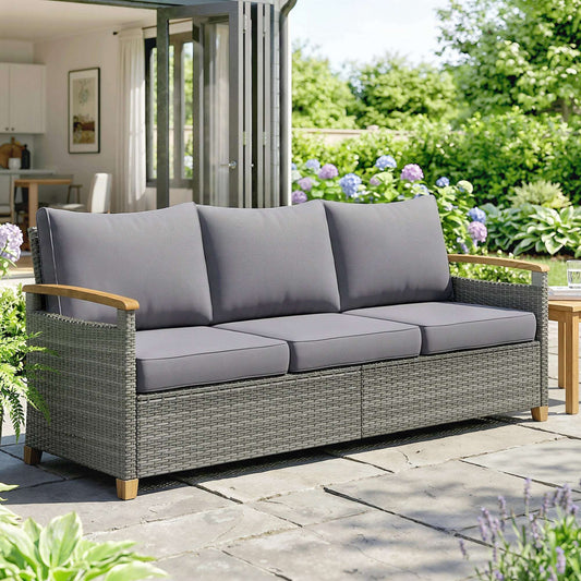 3-Seater Rattan Garden Sofa | PE Wicker | 10cm Seat Cushions | Washable Covers | Wood-Effect Arms | 360kg | All-Weather | Dark Grey