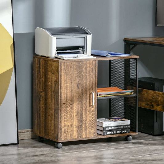 Retro Style Printer Stand Home Office Mobile Cabinet Organiser with Castors, Door, Vintage Brown Wood Colour