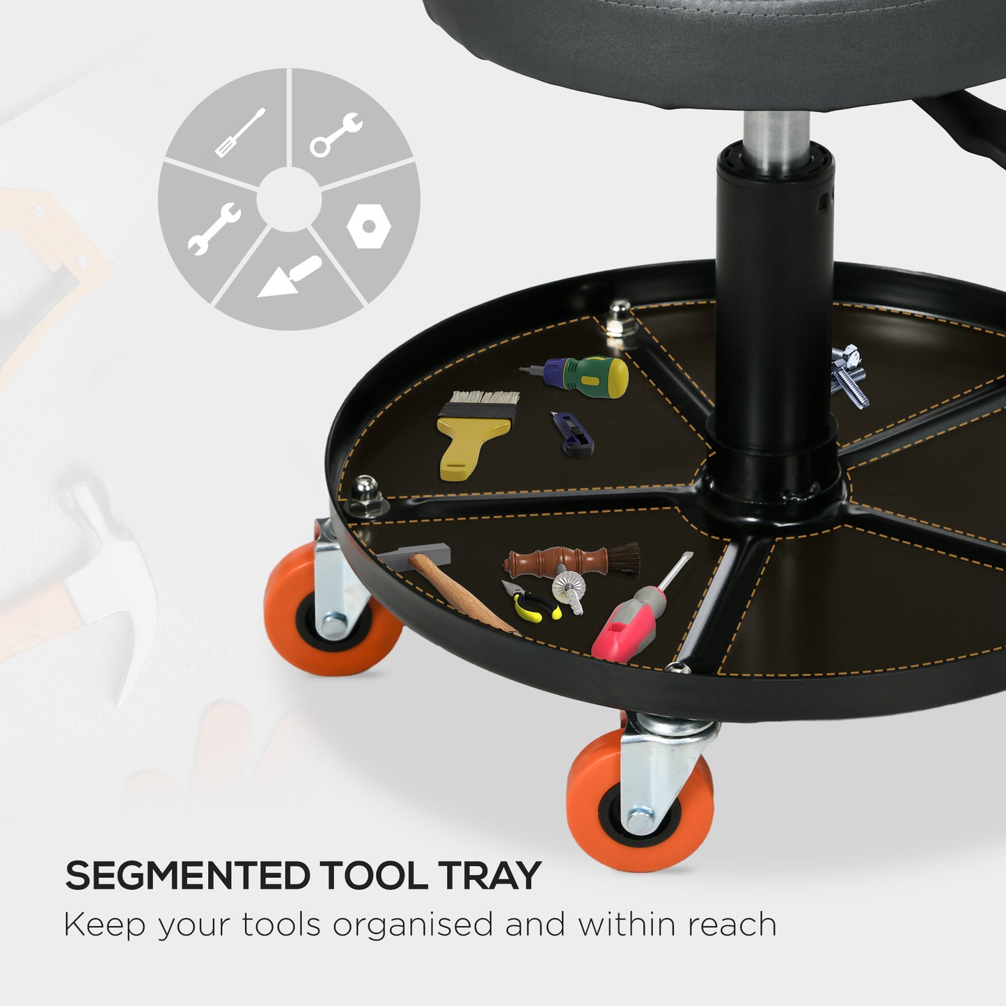 Workshop Stool Pneumatic Adjustable Height, Rolling Mechanic Stool W/ 360 Degree Swivel Padded Seat and Tool Tray, Garage, Workshop, Auto Repair