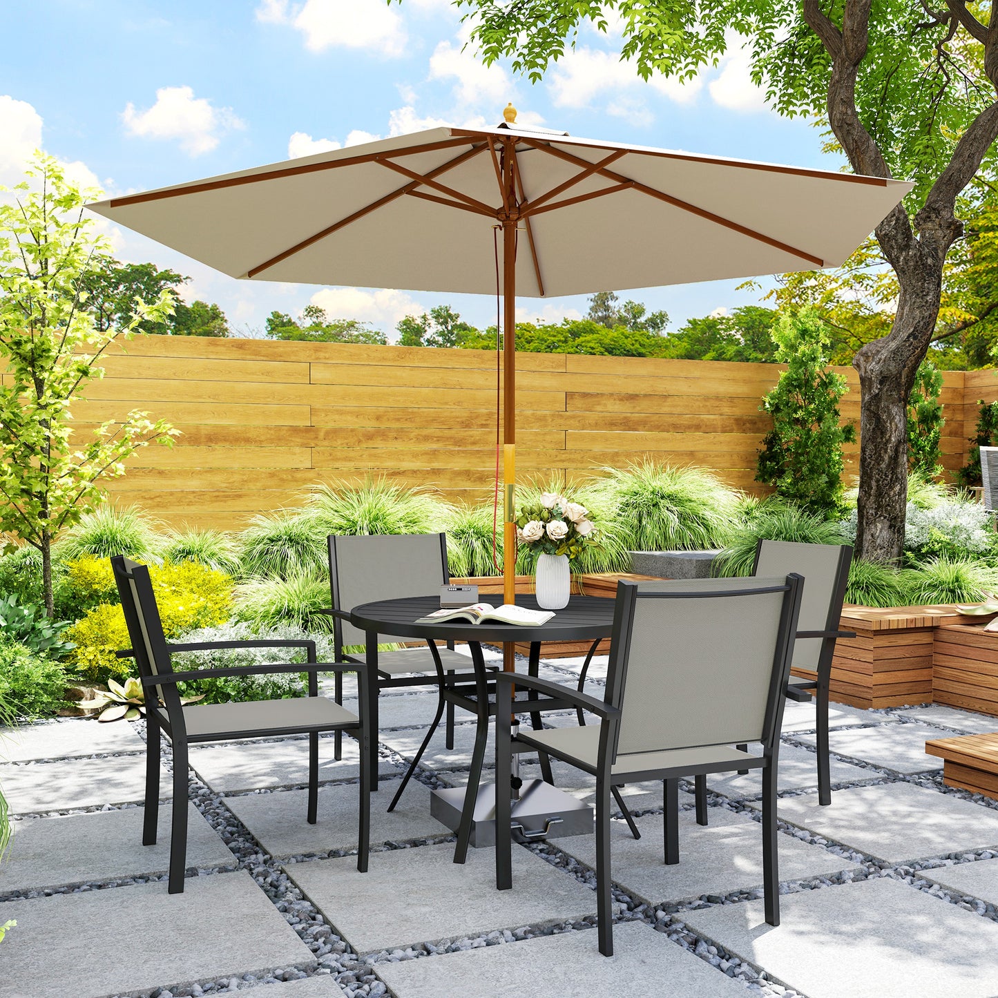 Outsunny 5 Piece Garden Furniture Set, Garden Dining Set with Round Table and 4 Stackable Chairs, Steel Frame, for Outdoor, Patio, Terraces, Dark Grey