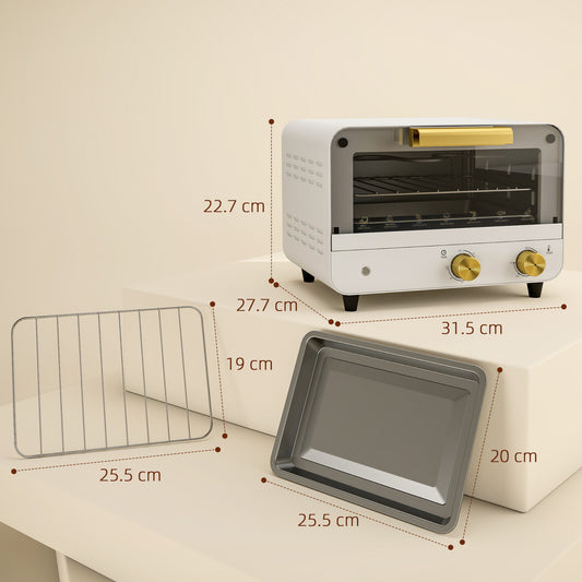 Small Toaster Oven, 12L Multifunction Mini Countertop Oven with Glass Door, Adjustable Temperature and Timer, Accessory Included, 750W, White