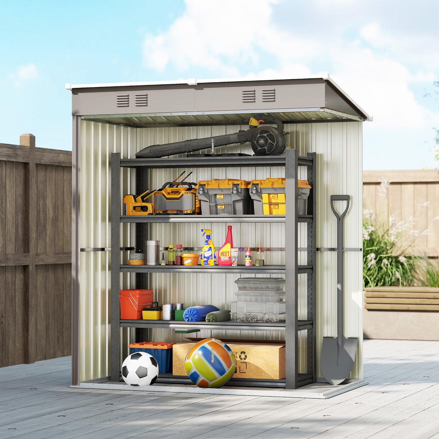 Compact Lean-To Galvanised Steel Garden Storage Shed | Lockable Door | Vent System | Sloped Roof | 20kg/㎡ Snow Load | 163x90x179cm | Patio & Flagstone | Light Grey & White