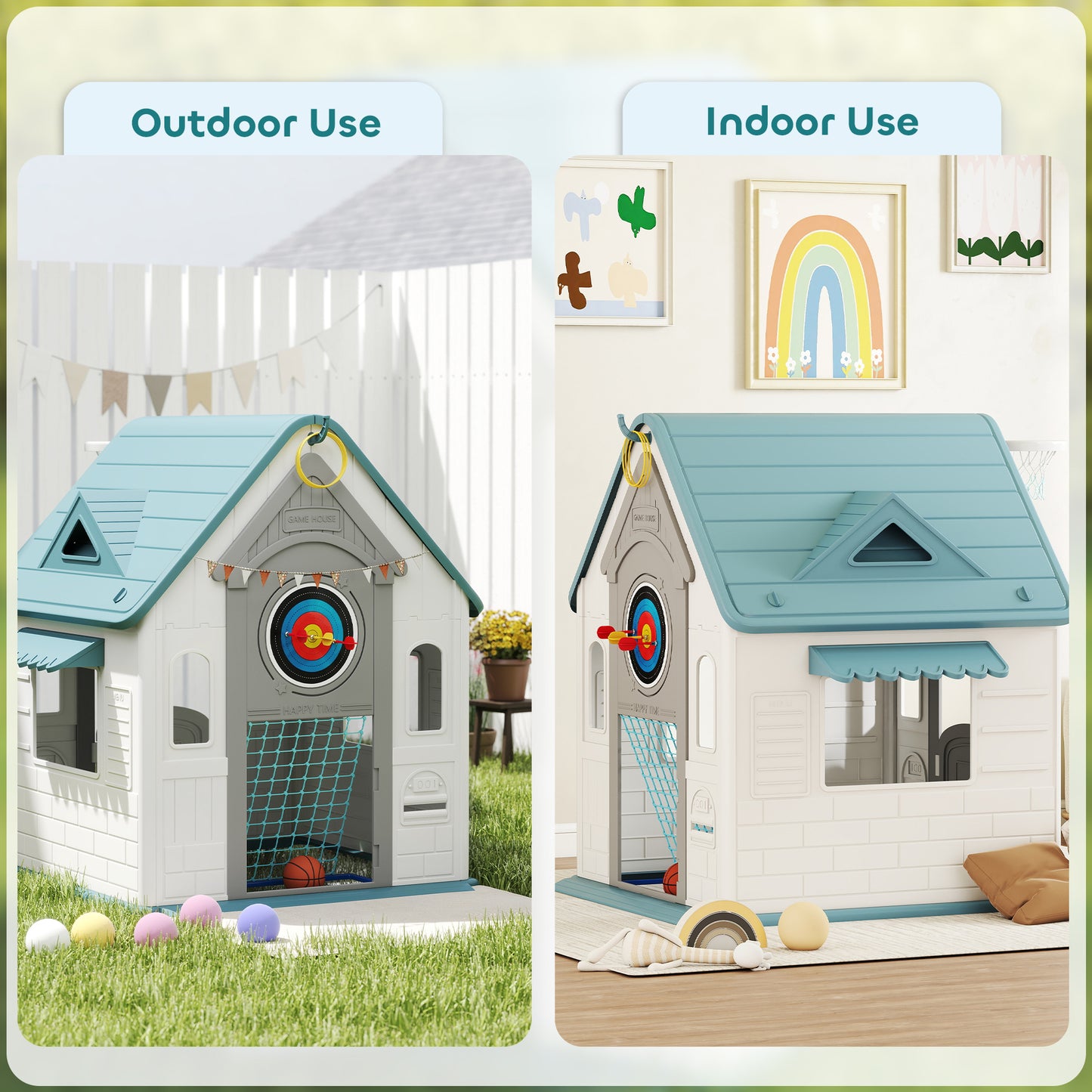 AIYAPLAY 5-in-1 Playhouse for Kids Outdoor Indoor with Basketball Hoop, Football Goal, Dartboard, Ring Toss for 2-5 Years, Beige / Pink