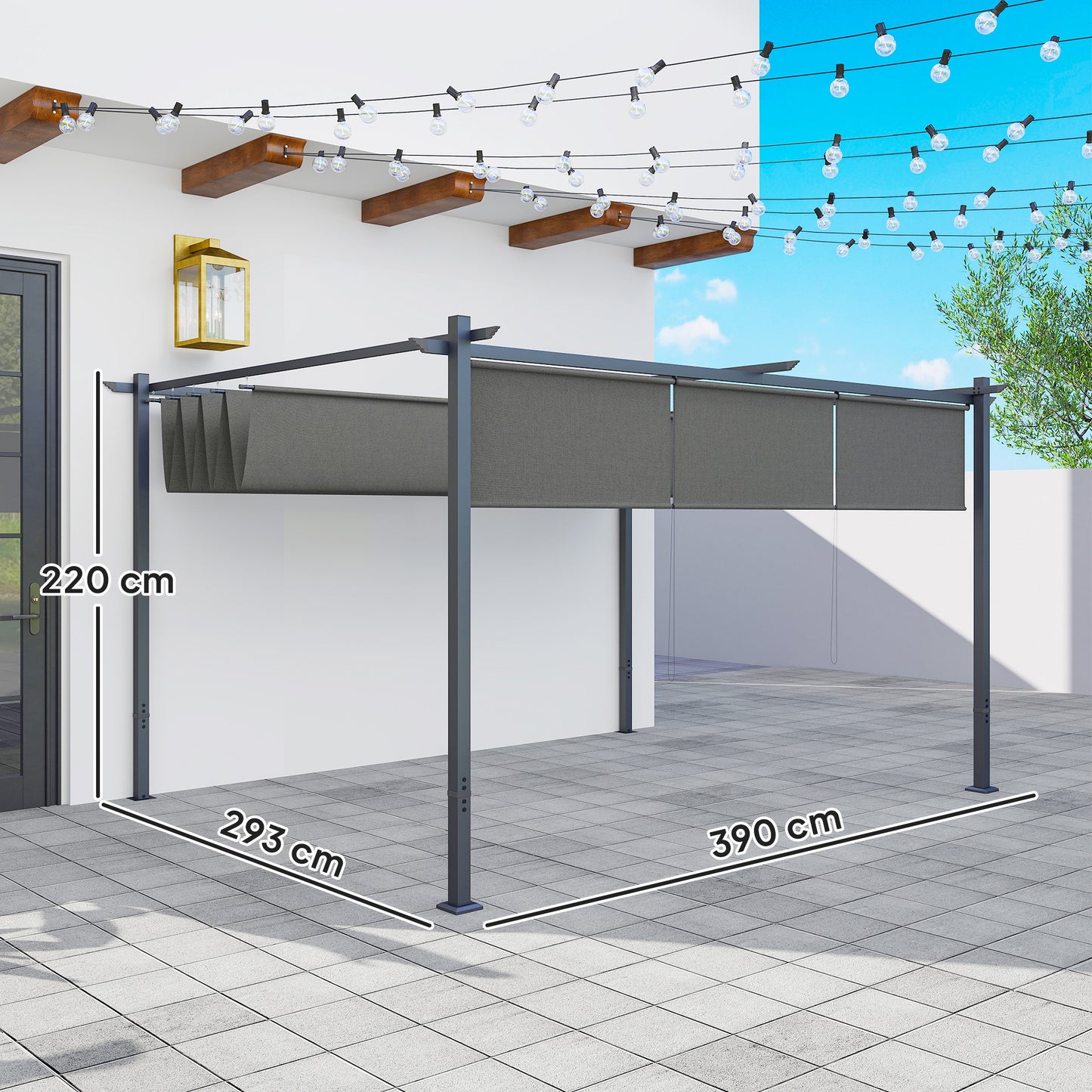 3 x 4m Metal Pergola with Retractable Roof and Roller Shade, Wall-Mounted or Free Standing Garden Gazebo Canopy Kit, Sun Shade Shelter, Grey