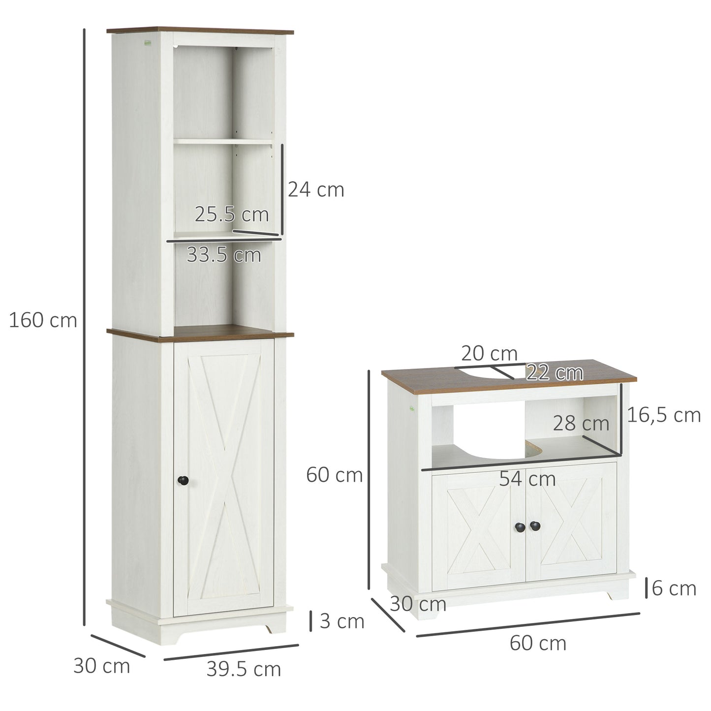 2 Piece Bathroom Furniture Set, Tall Bathroom Cabinet W/ Adjustable Shelves, Under Sink Cabinet W/ Cupboard and Open Shelf, Ash Effect