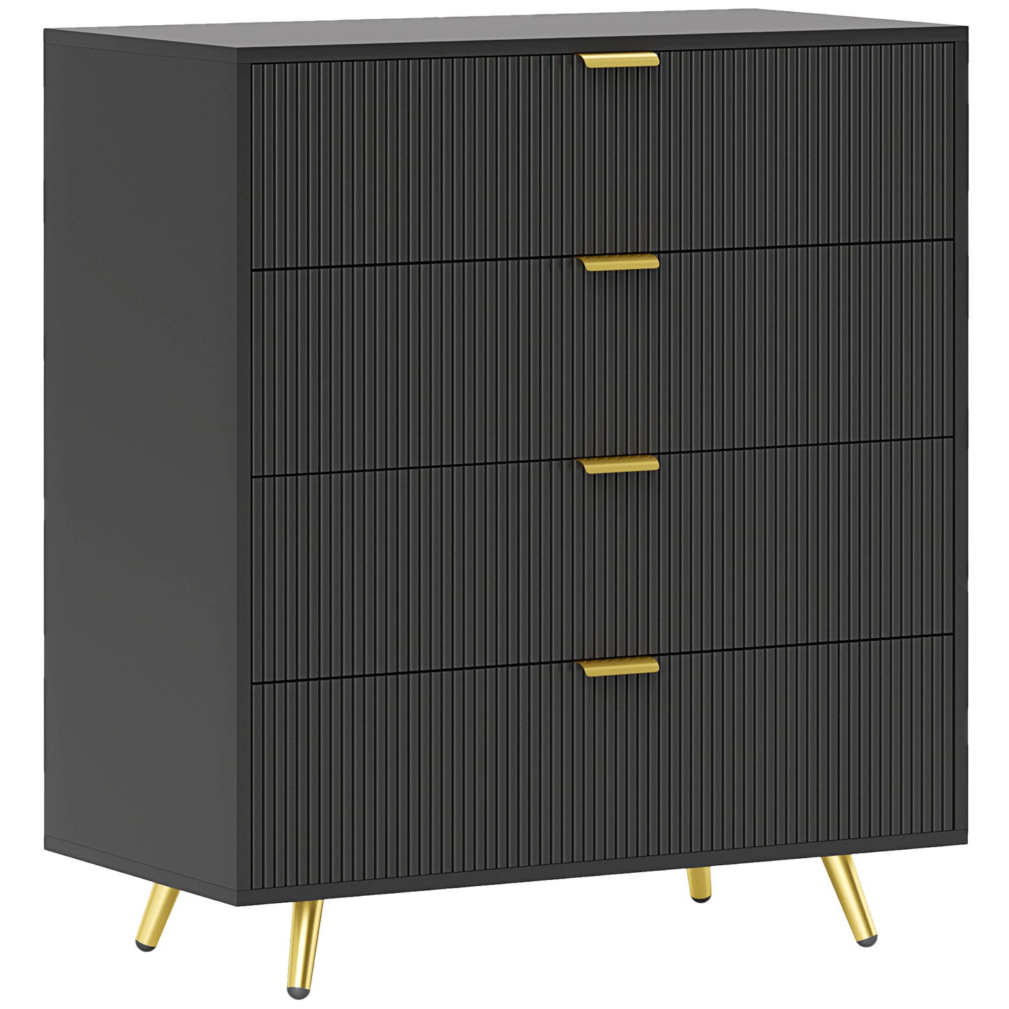 Bedroom Chest of Drawers with 4 Drawers, Fluted Dresser with Gold Tone Handles, Storage Cabinet for Bedroom, Living Room, Hallway, Entryway, Black