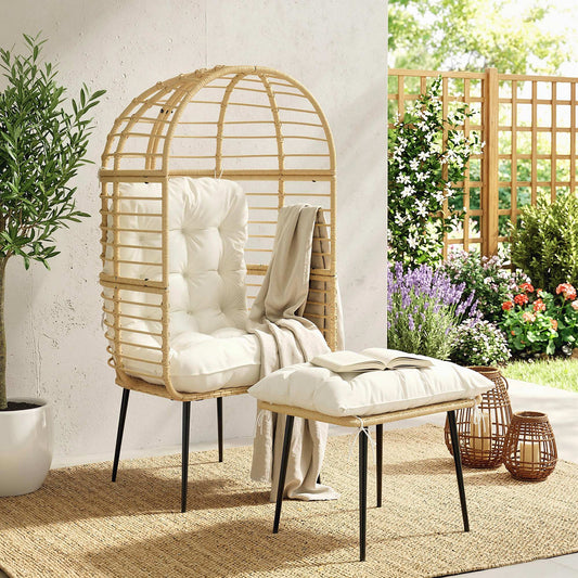 Rattan Egg Chair & Footstool Set | 11cm Tufted Cushions | UV & Weather Resistant | Steel Frame | 120kg | Indoor & Outdoor | Beige