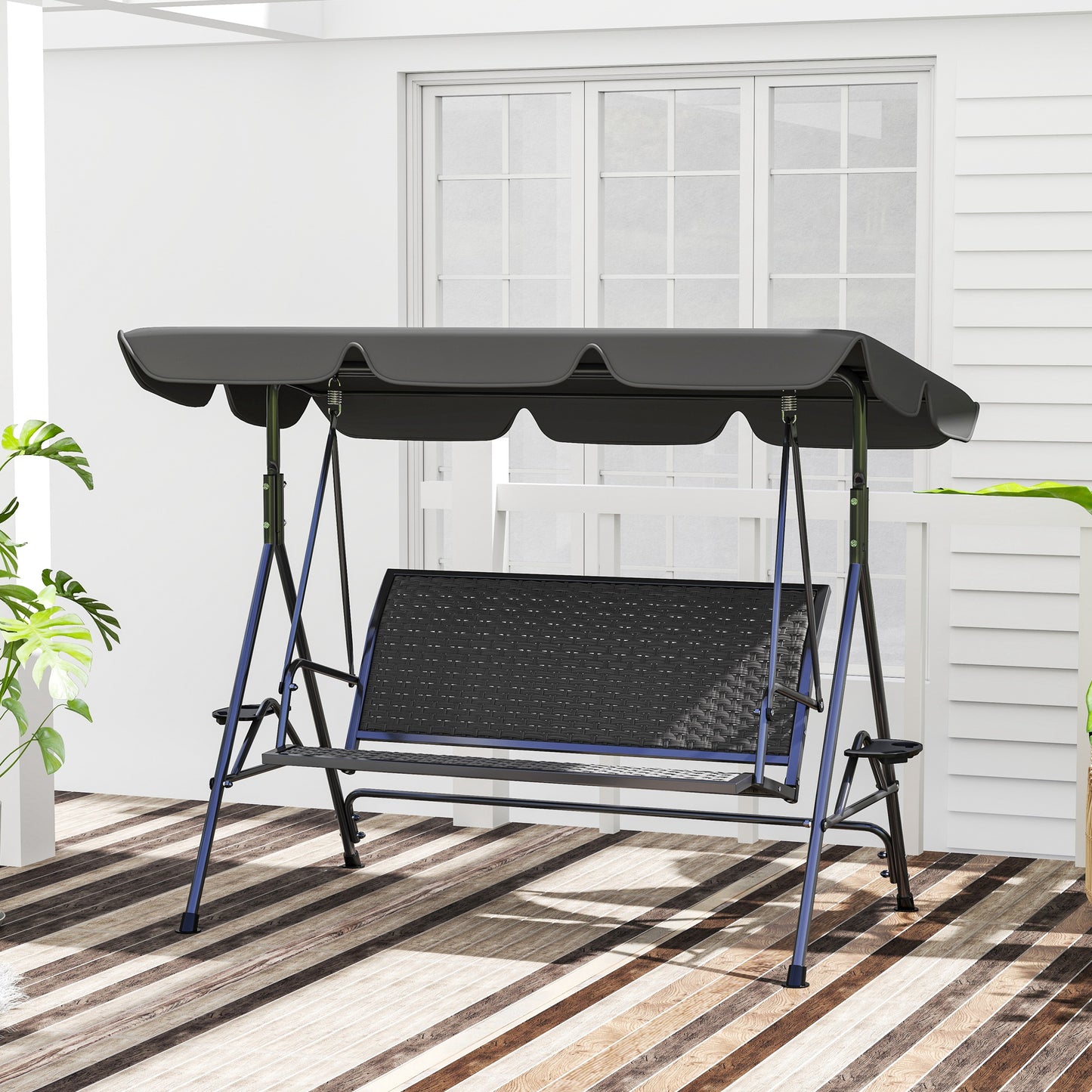 Outsunny 3 Seater Swing Chair, Garden Swing Seat Bench with Adjustable Canopy, Rattan Seat and Steel Frame for Patio, Yard, Grey
