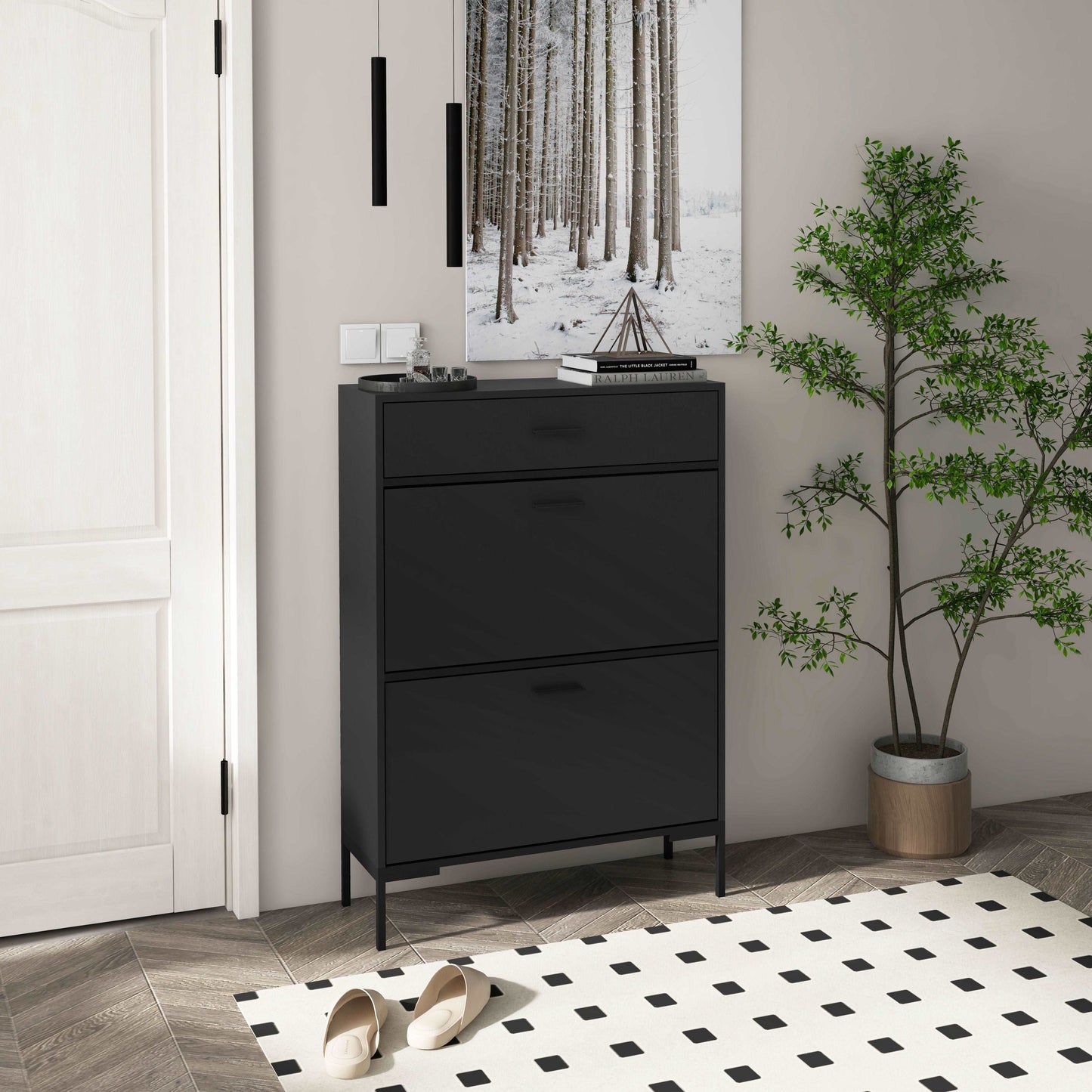 3 Drawer Shoe Cabinet Cupboard with 2 Flip Doors, Sliding out Drawer and Adjustable Shelf for 12 Pairs of Shoes, Narrow Shoe Storage Organiser for Hallway, Entryway, Black