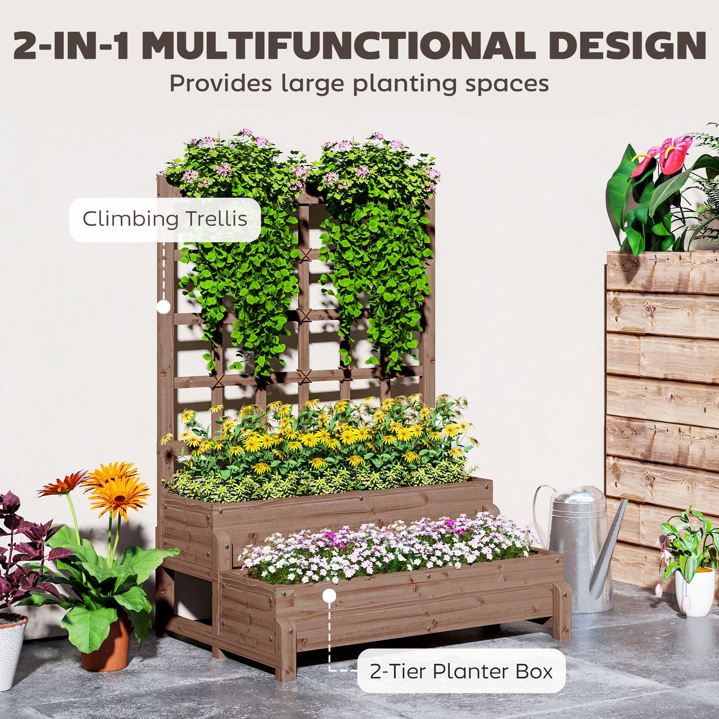 2-Tier Raised Bed with Trellis, Wooden Elevated Planter Box, Outdoor Raised Planter for Climbing Plants, Fruits, Vegetables, Flowers, Brown
