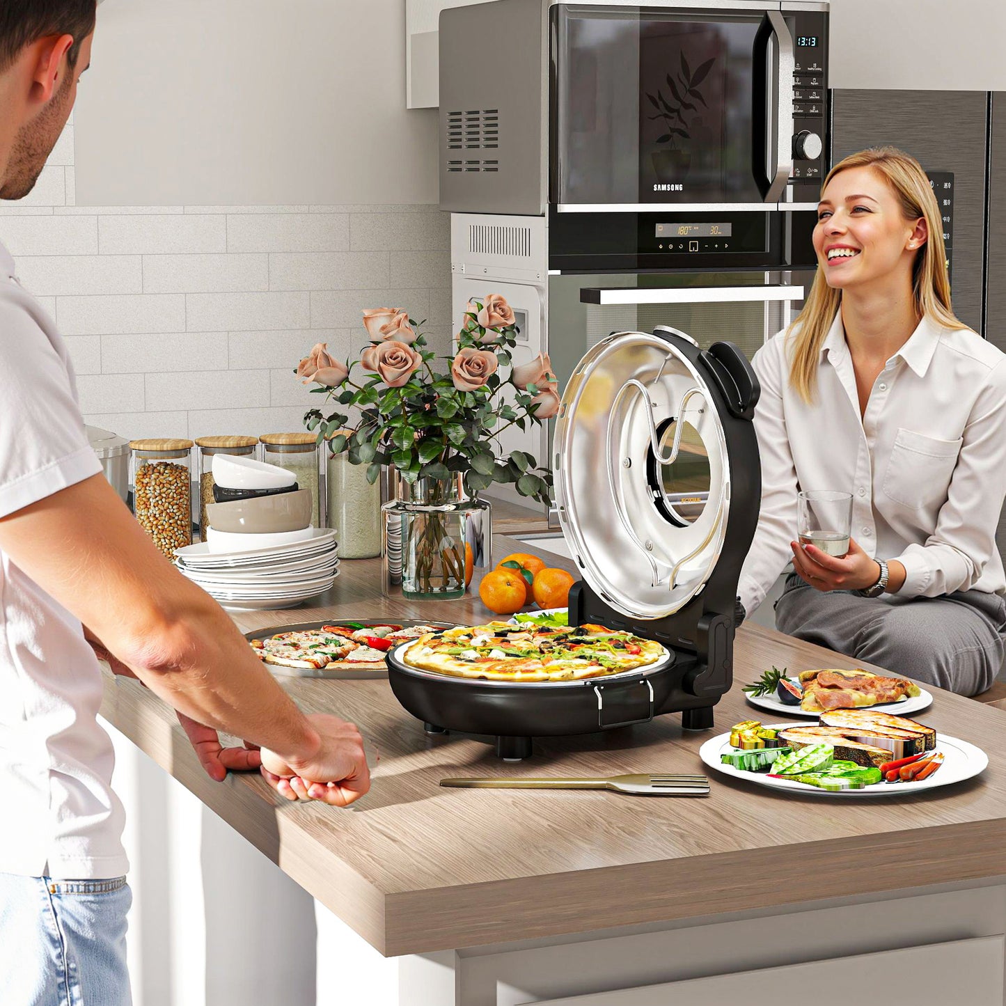 1200W Pizza Oven, 12 Inch Electric Pizza Maker with Viewing Window, Dual Knob Temp & Timer Control, Overheat Protection, Black / Red